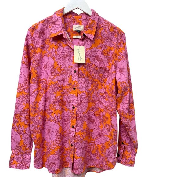 Universal Thread Womens Top Large Pink Orange Floral Linen Blend Button Up Shirt - Picture 1 of 11